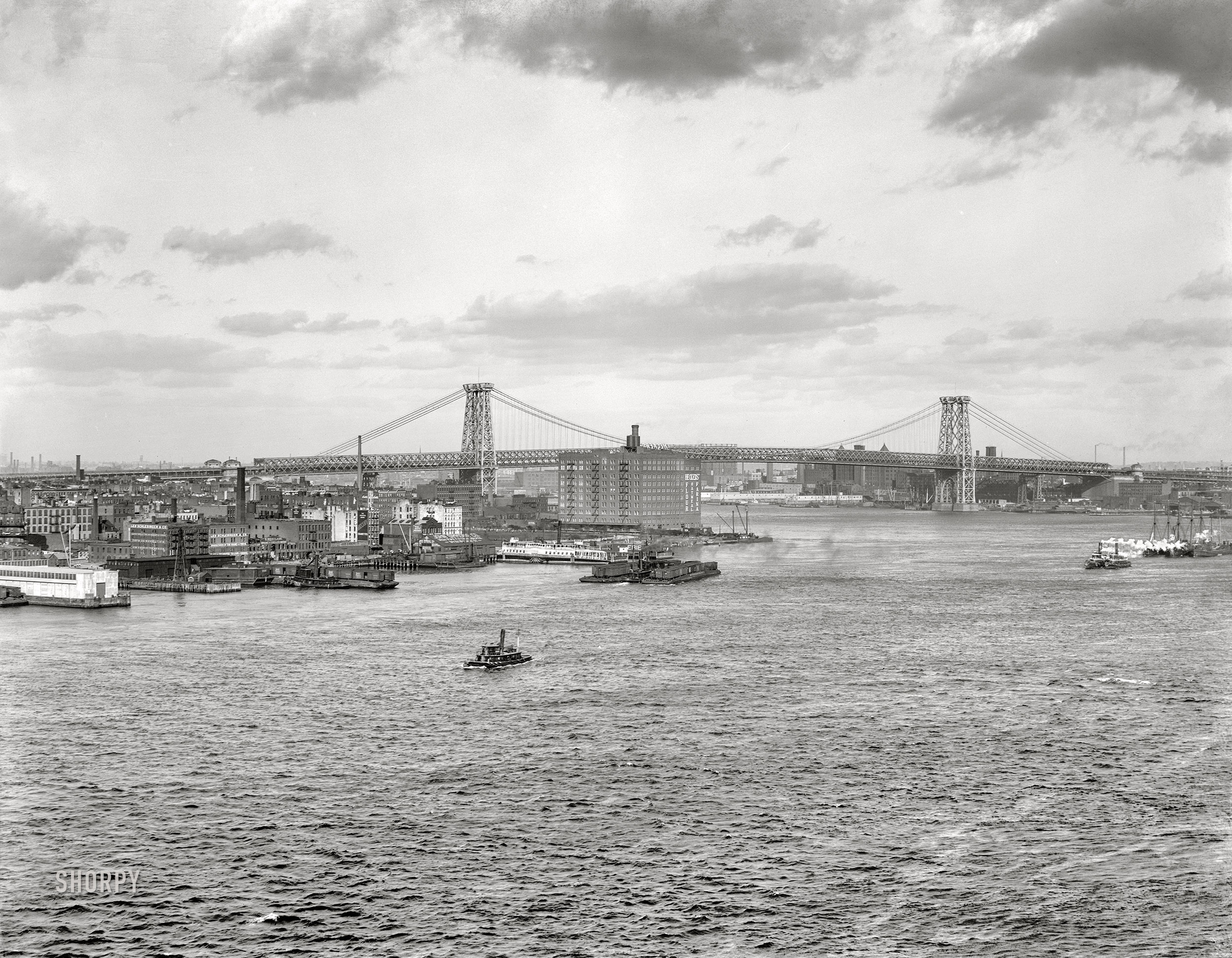 New York circa 1910. "Williamsburg Bridge and East River waterfront." With a cameo by the Heckers' Flour mill on Water Street. 8x10 glass negative, Detroit Publishing Co. View full size.