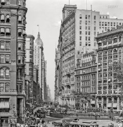 New York circa 1911. "The Canyon of Lower Broadway at Bowling Green and Battery Place." 8x10 inch dry plate glass negative, Detroit Publishing Company. View full size.