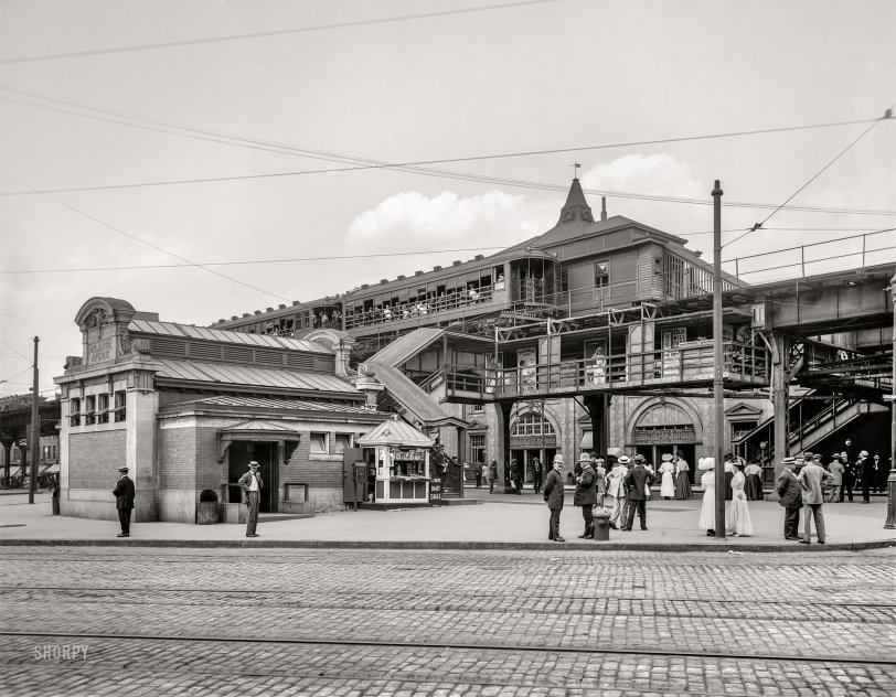 &nbsp; &nbsp; &nbsp; &nbsp; A better-quality version of an image first posted here in 2008.
Brooklyn, N.Y., circa 1910. "Atlantic Avenue subway entrance." Plus an elevated railway and streetcar tracks. 8x10 inch dry plate glass negative, Detroit Publishing Co. View full size.
