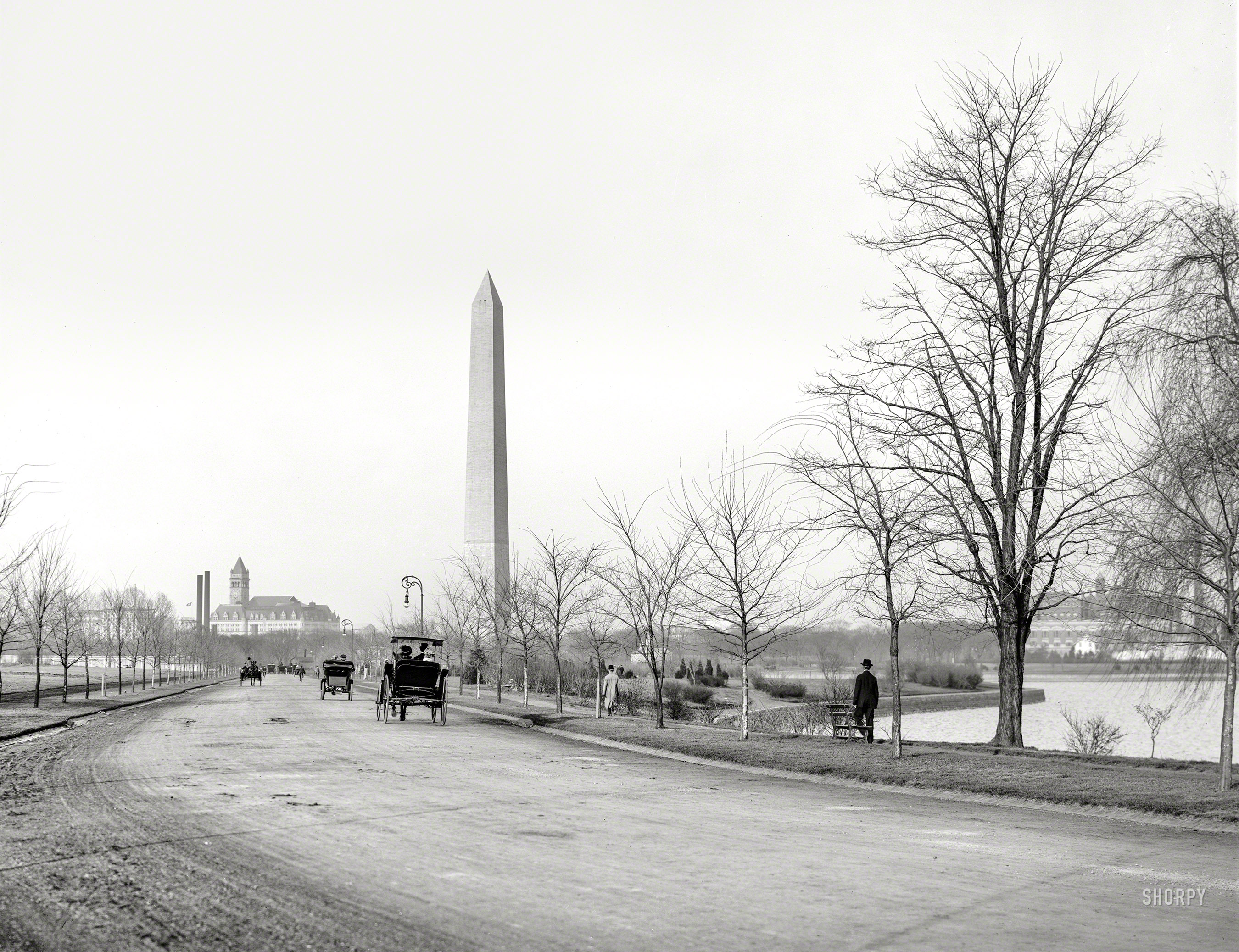 Washington, D.C., circa 1908. "The Boulevard, Potomac Park." The Washington Monument flanked by the Tidal Basin and Old Post Office. View full size.