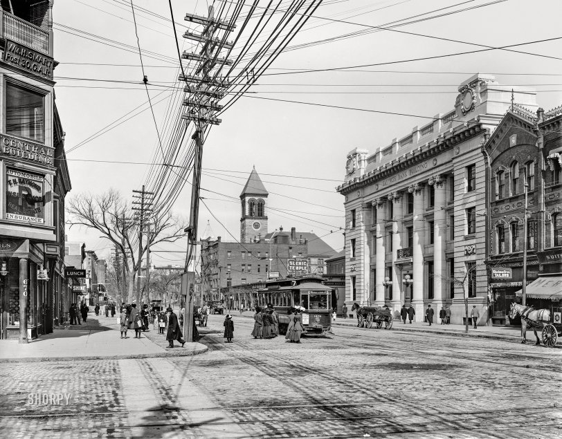 Cambridge, Massachusetts, circa 1912. "Central Square and Massachusetts Avenue." 8x10 inch dry plate glass negative, Detroit Publishing Company. View full size.
