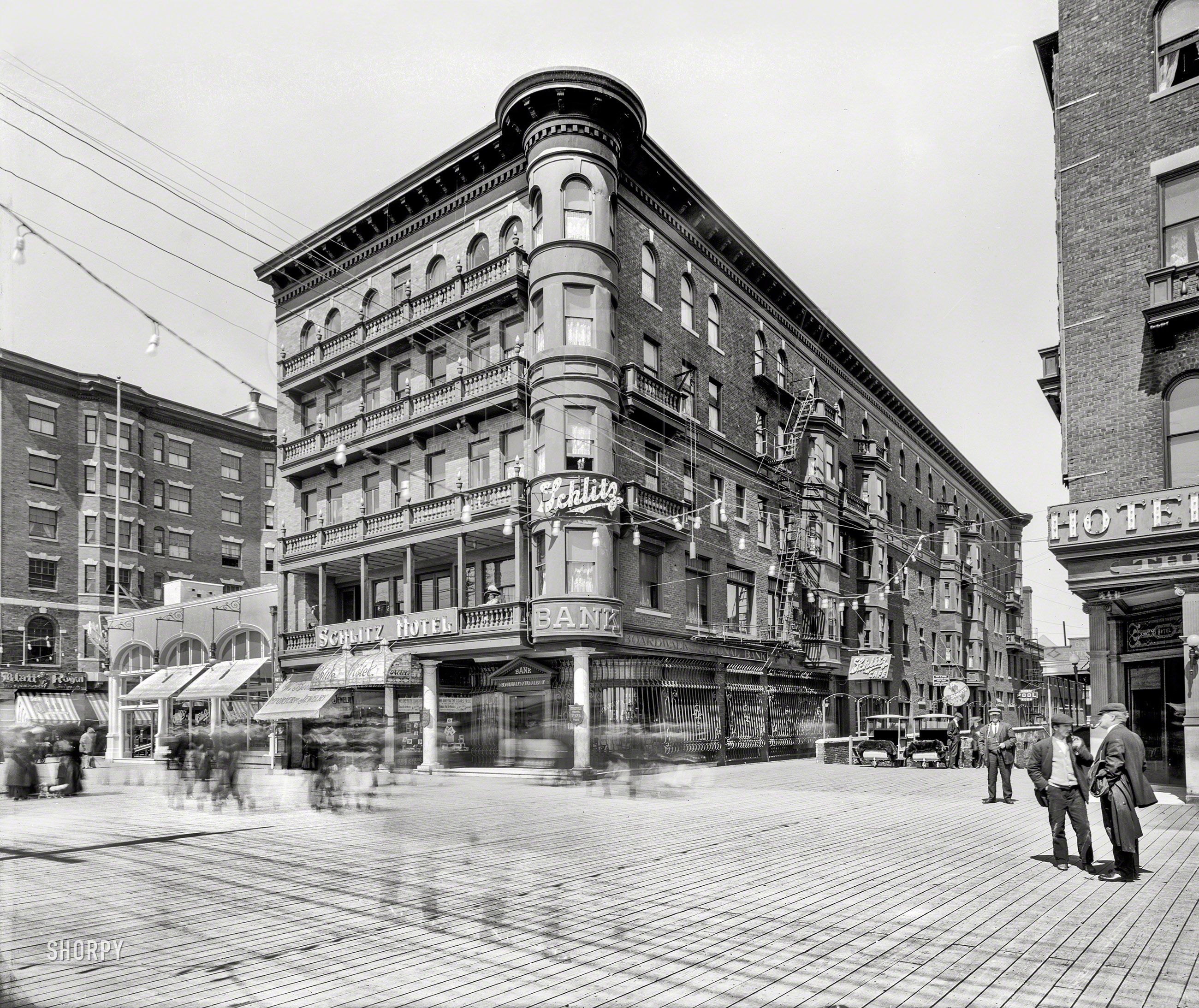 Circa 1910. "Schlitz Hotel, Atlantic City." On the Boardwalk at Ocean Avenue.  8x10 inch dry plate glass negative, Detroit Publishing Company. View full size.