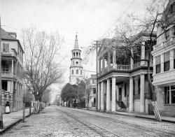 Charleston, South Carolina, circa 1910. "Meeting Street and St. Michael's Church." Seen earlier (by three minutes) here. 8x10 inch glass negative, Detroit Publishing Company. View full size.