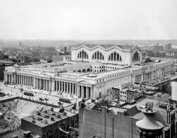 New York circa 1910. "Bird's eye view of new Pennsylvania Station." Demolished in 1963.  8x10 inch dry plate glass negative, Detroit Publishing Company. View full size.