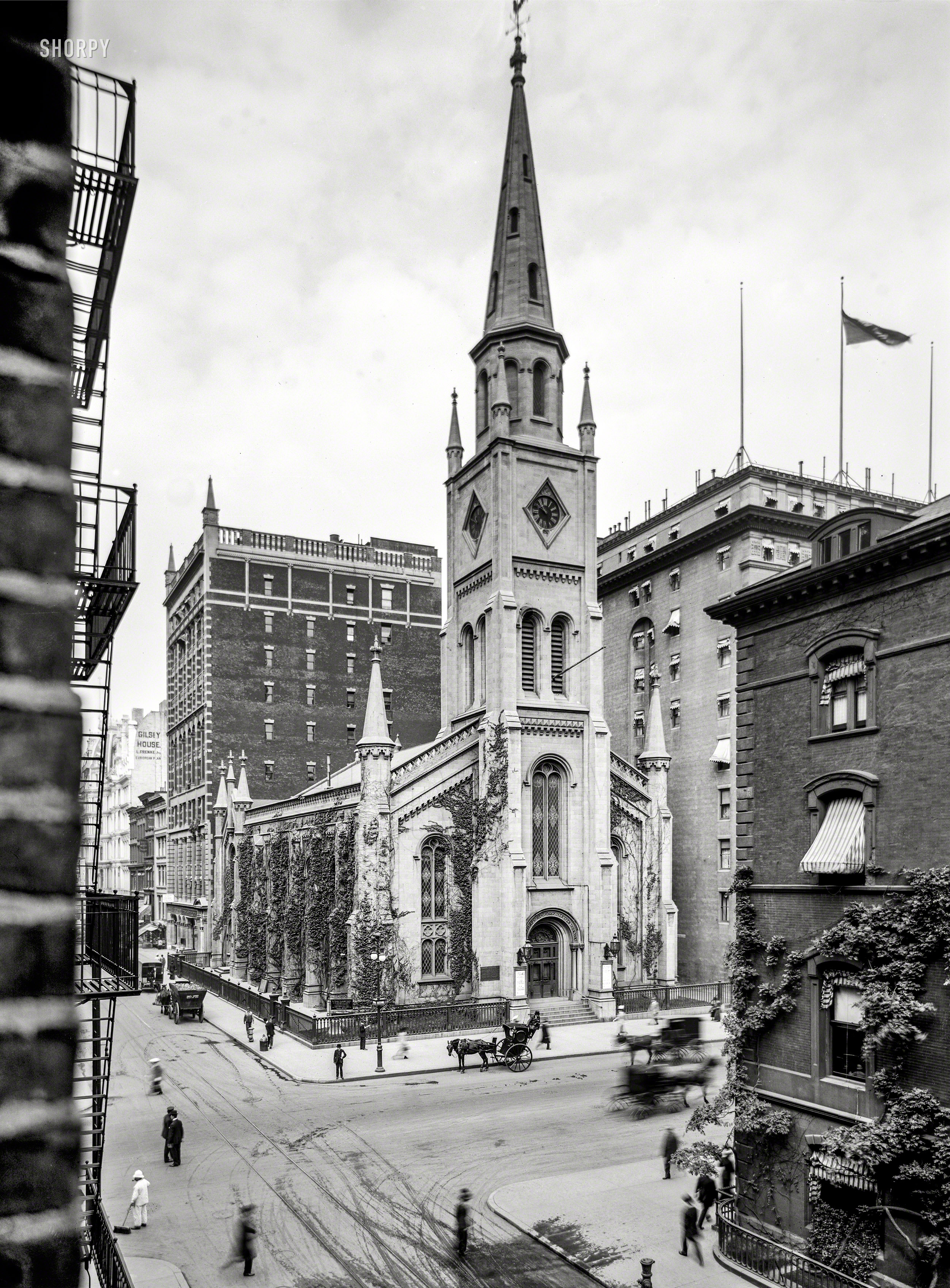 October 1907. "Marble Collegiate Church, Fifth Avenue, New York." Just a few minutes before this view was recorded, on what was evidently a busy corner for the Department of Sanitation. 8x10 inch glass negative. View full size.