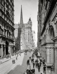 New York circa 1912. "Broadway and Trinity Church." In the distance, the Singer and  Woolworth buildings, the latter under construction. 8x10 inch glass negative. View full size.
