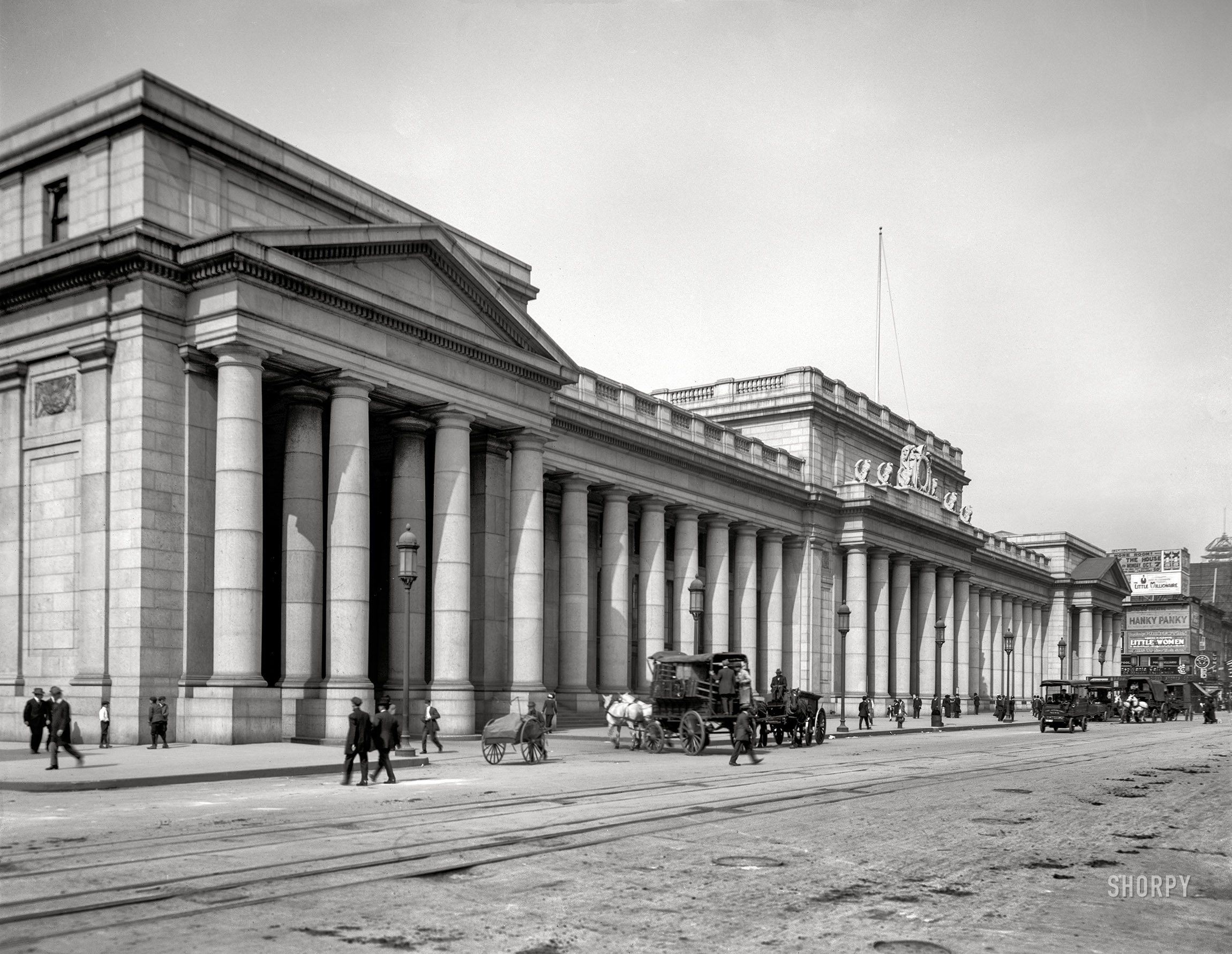 New York, 1912. "Pennsylvania Station, east facade." 8x10 inch dry plate glass negative, Detroit Publishing Company. View full size.
