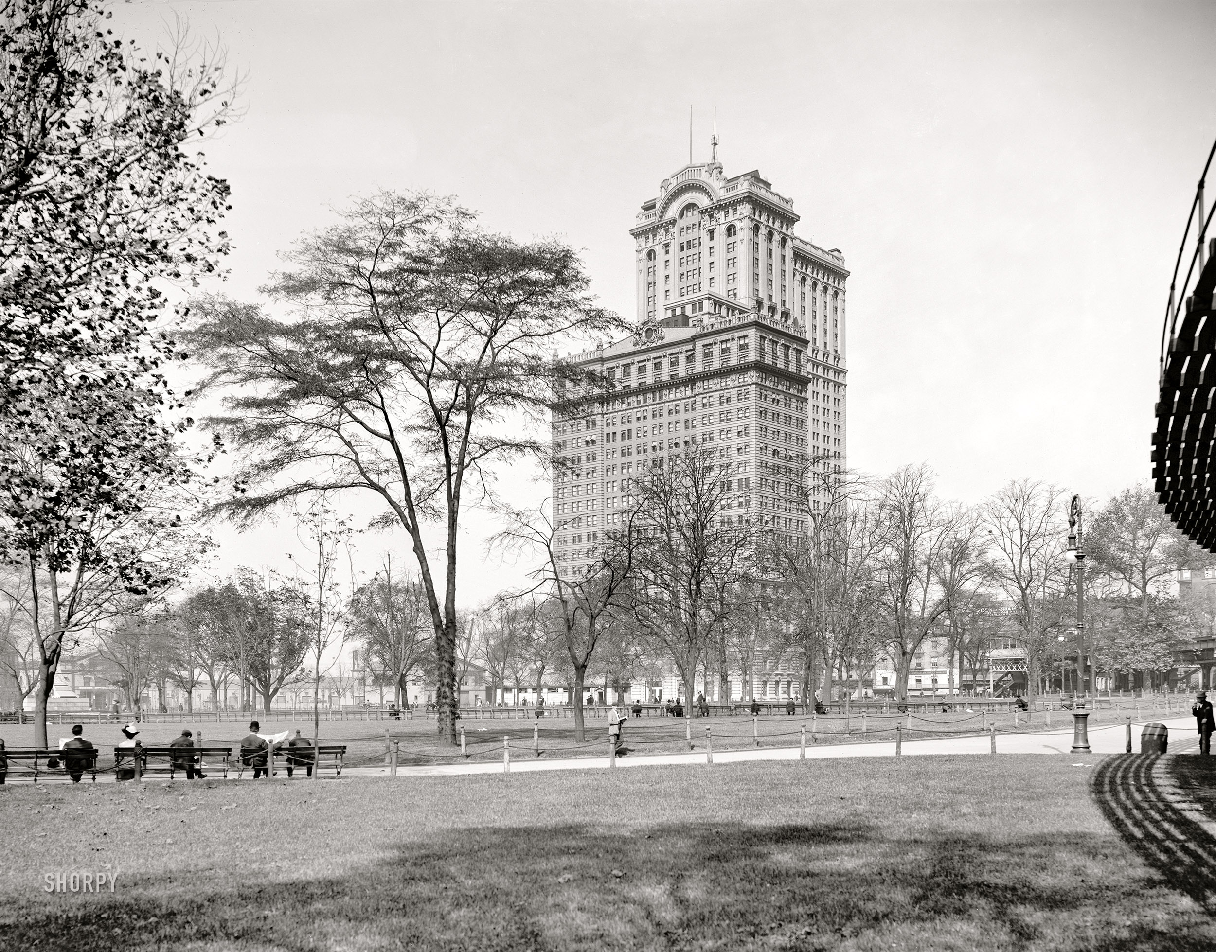 New York circa 1911. "Whitehall buildings from Battery Park." The Whitehall Building of 1902-04 ("Lesser Whitehall") and the Greater Whitehall annex of 1908-1910. View full size.