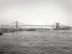 Manhattan circa 1904. "Brooklyn Bridge and East River, New York." With the Williamsburg Bridge in the distance. 8x10 inch glass negative. View full size.