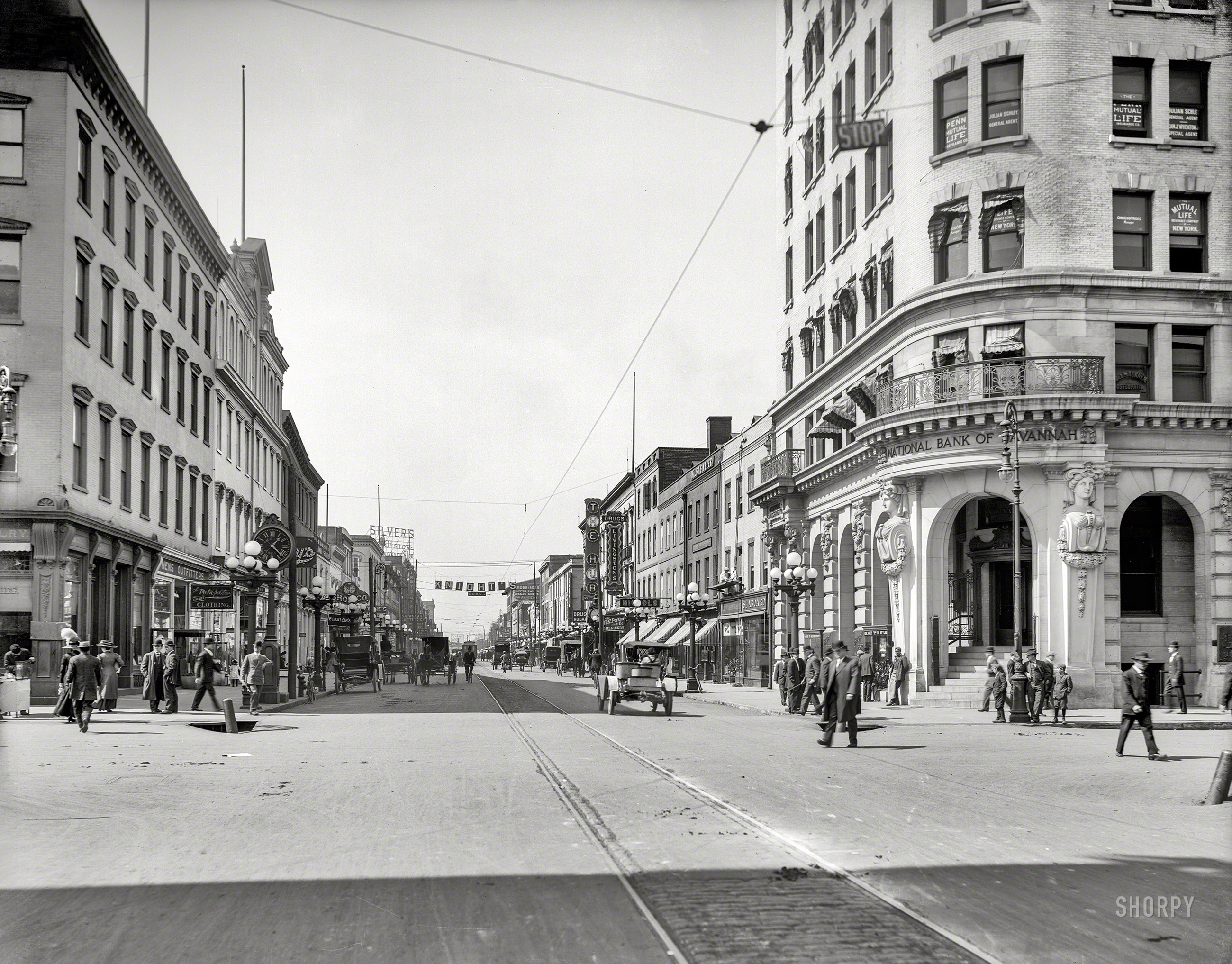 Savannah, Georgia, circa 1907. "Broughton Street from Bull." A slightly different perspective on the scene glimpsed here. 8x10 glass negative. View full size.