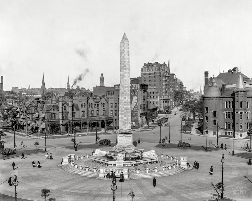 Buffalo, New York, circa 1911. "William McKinley monument, Niagara Square." 8x10 inch dry plate glass negative, Detroit Publishing Company. View full size.
A forefinger of stone, dreamed by a sculptor, points to the sky.
It says: This way! this way!
Four lions snore in stone at the corner of the shaft.
They too are the dream of a sculptor.
They too say: This way! this way!

— Carl Sandburg, Slants at Buffalo

