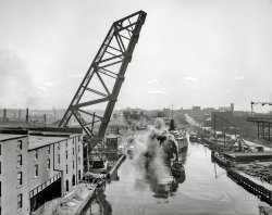 Cleveland circa 1910. "Superior Viaduct lift bridge and Cuyahoga River." Another bridge, another flour mill! 8x10 inch glass negative, Detroit Publishing Company. View full size.