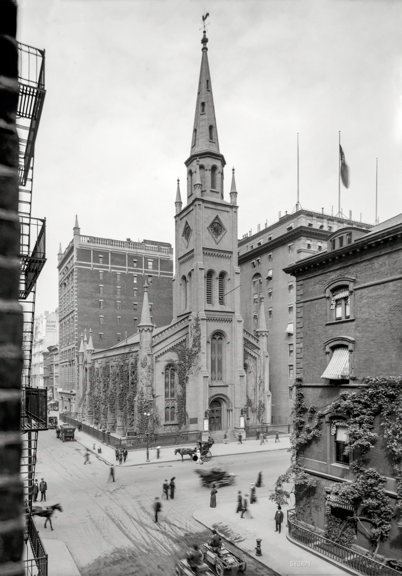 October 1907. "Marble Collegiate Church, Fifth Avenue, New York." Be there at 11 Sunday morning on Oct. 6 (today!) for Dr. Burwell's sermon, "The King's Outriders." 8x10 inch glass negative, Detroit Publishing Co. View full size.
