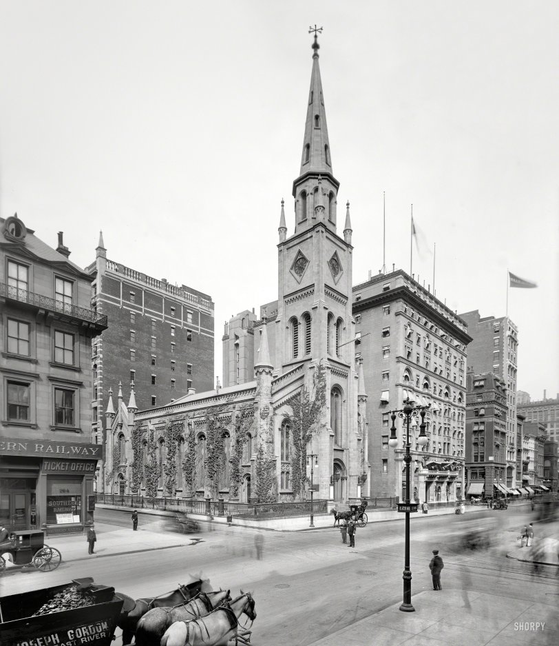 New York circa 1907. "Marble Collegiate Church, Fifth Avenue." Surrounded by a host of ectoplasmic pedestrians. 8x10 inch glass negative. View full size.