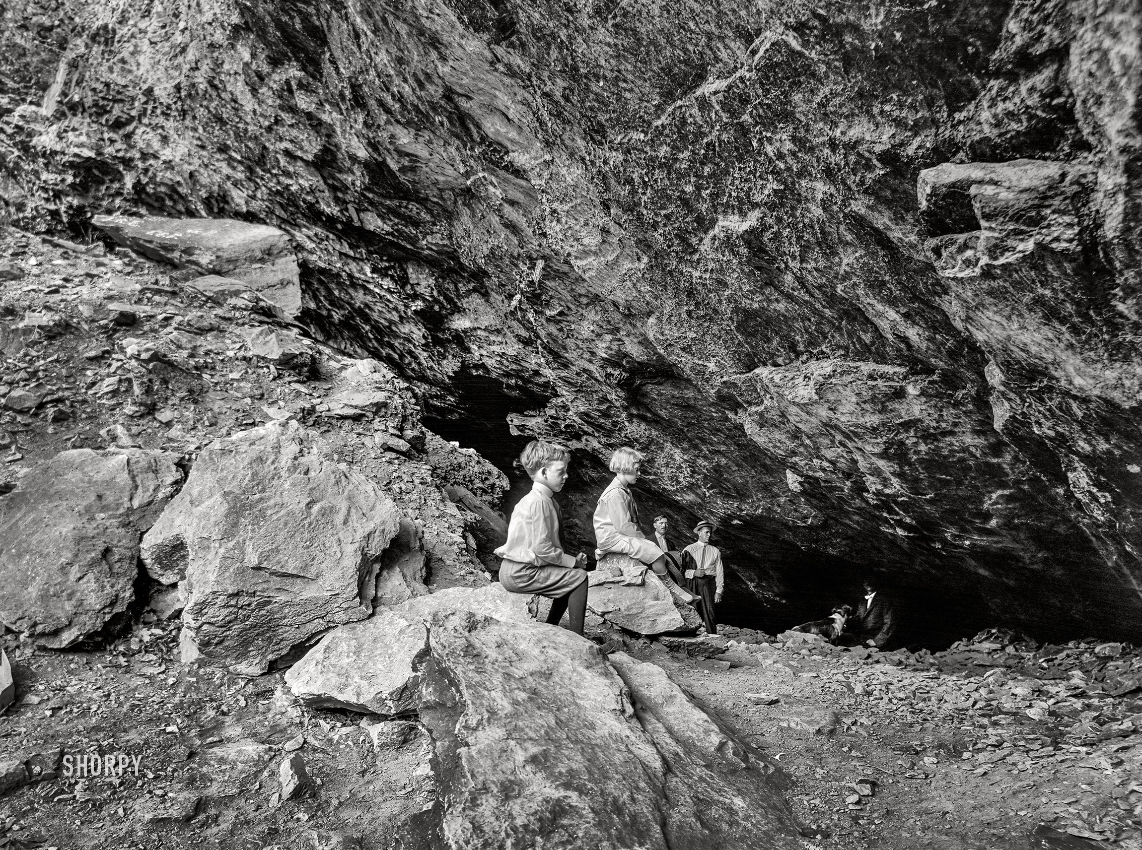 Circa 1910. "Saltpeter Cave, Natural Bridge, Virginia." Charter members of the Edward Gorey Spelunking Club (Junior Division). 8x10 glass negative, Detroit Publishing Co. View full size.