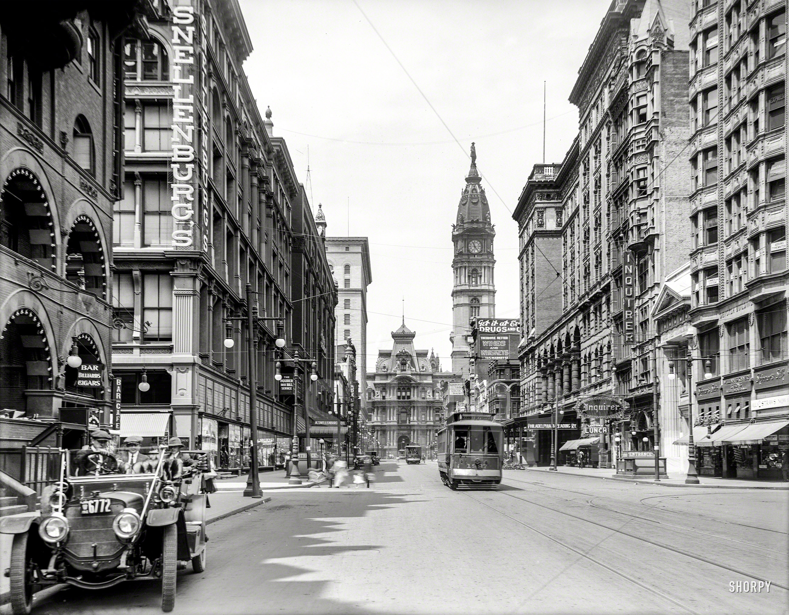1912. "City Hall and Market Street west from 11th, Philadelphia." With a variety of interesting signage, including an electric baseball scoreboard at Snellenburg's department store. 8x10 inch glass negative. View full size.