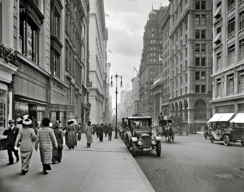 New York circa 1912. "Fifth Avenue south from Thirty-Sixth Street." 8x10 inch dry plate glass negative, Detroit Publishing Company. View full size.
In your Easter bonnet, with all the frills upon it,
You'll be the grandest lady in the Easter Parade.
I'll be all in clover and when they look you over,
I'll be the proudest fellow in the Easter Parade.
On the avenue, Fifth Avenue, the photographers will snap us,
And you'll find that you're in the rotogravure.
Oh, I could write a sonnet about your Easter bonnet,
And of the girl I'm taking to the Easter Parade.
