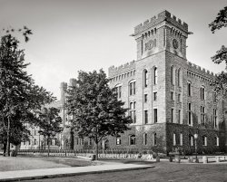 West Point, New York, circa 1910. "The Academic Building -- cadets returning from mess." 8x10 inch dry plate glass negative, Detroit Publishing Company. View full size.