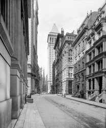 New York circa 1912. "Wall Street with view of Bankers Trust Building and Trinity Church." 8x10 inch glass negative, Detroit Publishing Company. View full size.
+102Below is (almost) the same view from September of 2014 (it was taken as a modern view of a similar image from about 1915).
My favorite!Then and now pictures of nearly any kind are my favorites! The comparison of these photos is fascinating to me!
(The Gallery, DPC, NYC)