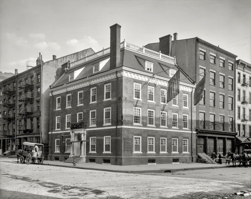 New York circa 1908. "Fraunces Tavern, Tallmadge Memorial, Pearl and Broad Streets." Seen earlier here circa 1900, before its restoration with funds willed by Frederick Tallmadge. 8x10 inch dry plate glass negative. View full size.