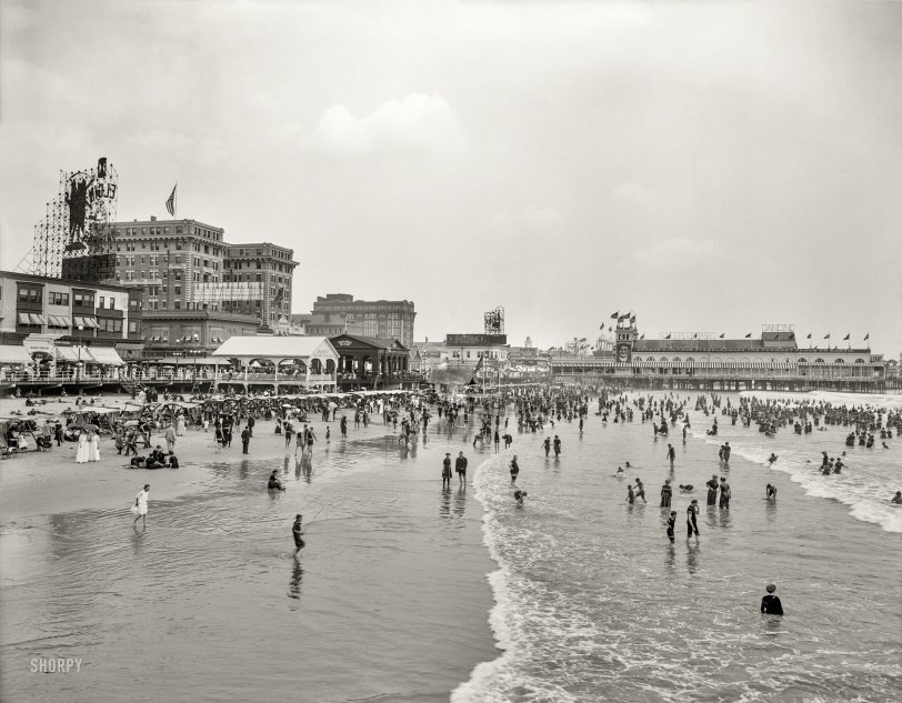 Atlantic City circa 1914. "Bathers in front of Chalfonte Hotel and Steeplechase Pier." 8x10 inch glass negative, Detroit Publishing Company. View full size.
