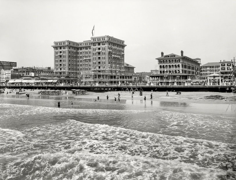 Atlantic City circa 1914. "The Boardwalk and hotels -- Chalfonte and Haddon Hall." 8x10 inch glass negative, Detroit Publishing Company. View full size.
