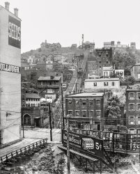Circa 1915. "Mount Adams incline, Cincinnati, Ohio." One of five "Cincinnati incline" railway elevators serving that city's hillside suburbs. 8x10 inch glass negative. View full size.
