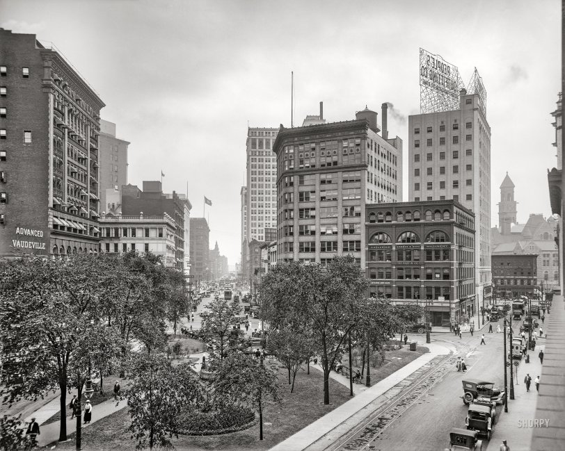 Detroit circa 1916. "Griswold Street from Capitol Park." A scene last glimpsed here, before People's Outfitting had its growth spurt. 8x10 inch glass negative. View full size.
