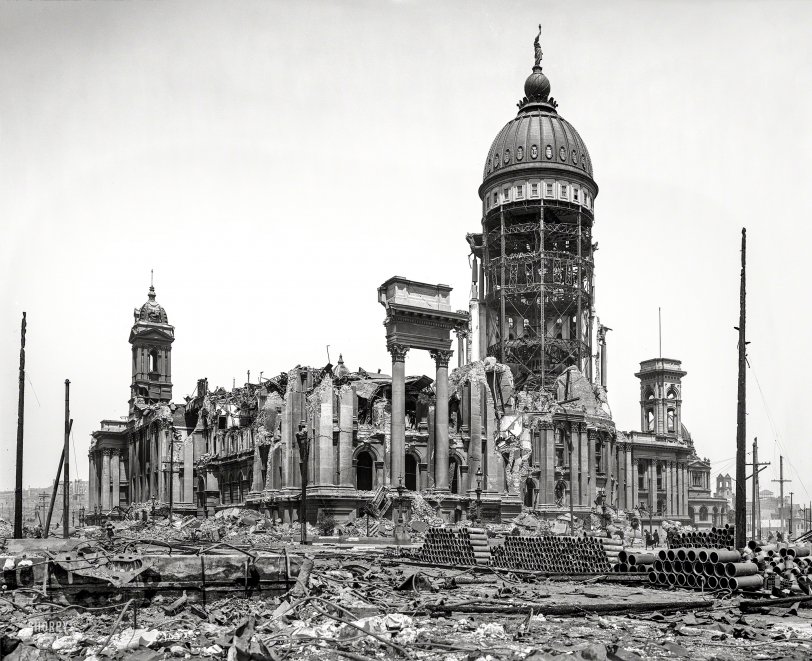 "Ruins of San Francisco City Hall following earthquake and fire of April 1906." 8x10 inch dry plate glass negative, Detroit Publishing Company. View full size.

