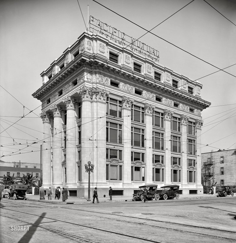 Los Angeles circa 1909. "Pacific Mutual Life &amp; Accident Co. building, Sixth and Olive streets." 8x10 inch dry plate glass negative, Detroit Publishing Company. View full size.
