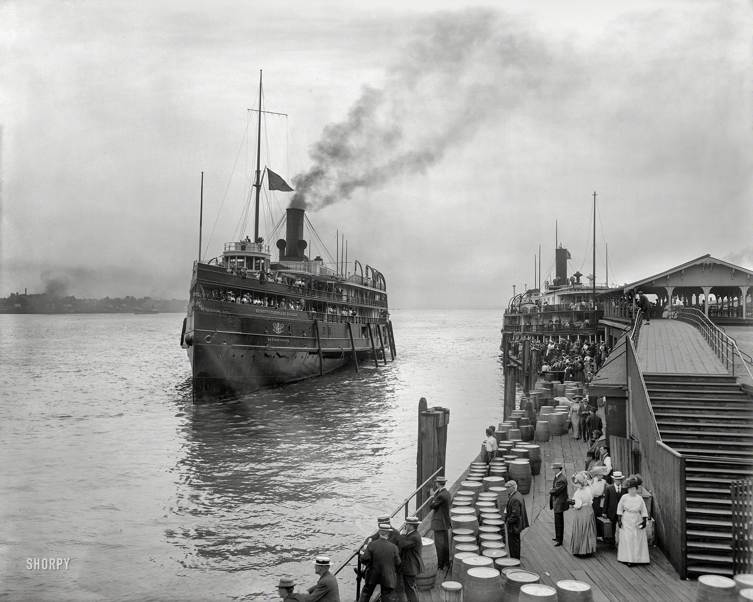 Circa 1910. "Detroit & Cleveland Navigation Line steamboats Western States and City of Mackinac." Built in 1902 and 1893 in Wyandotte, Michigan.  View full size.