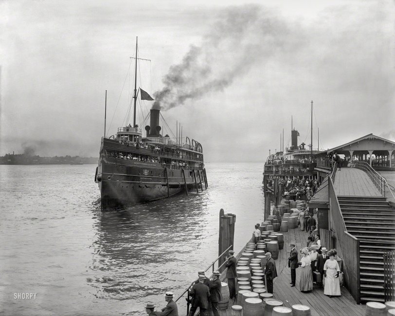 Circa 1910. "Detroit &amp; Cleveland Navigation Line steamboats Western States and City of Mackinac." Built in 1902 and 1893 in Wyandotte, Michigan.  View full size.

