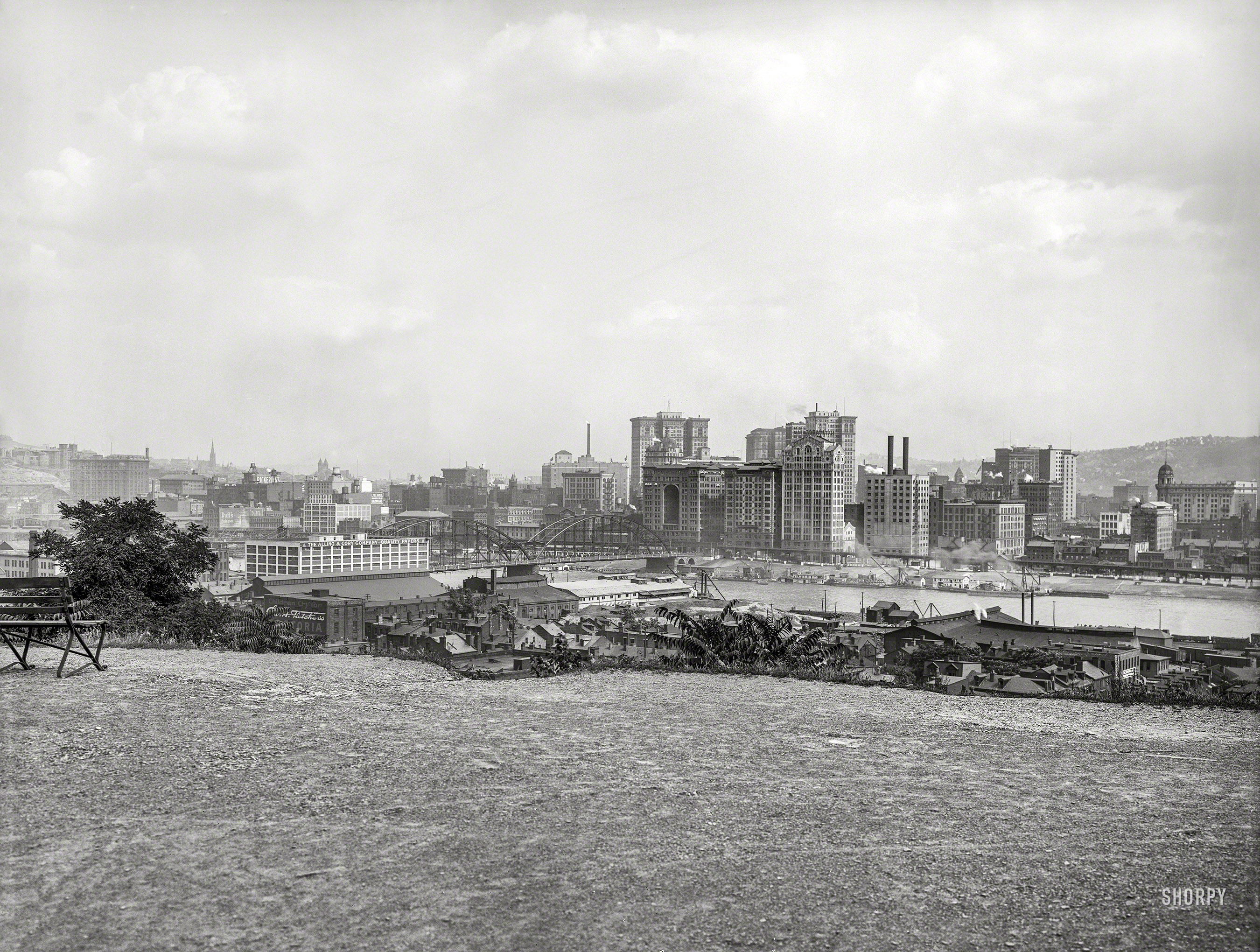 Pittsburgh circa 1910. "Sixth Street Bridge and skyscrapers across the Allegheny River." 8x10 inch glass negative, Detroit Publishing Company. View full size.