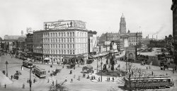 Detroit circa 1910. "Campus Martius -- Soldiers' and Sailors' Monument, Elks Monument and Wayne County Building." Far right, the Hotel Pontchartrain. 8x10 glass negative. View full size.