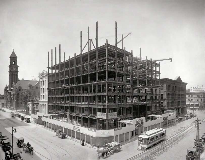 Detroit circa 1911. "Dime Savings Bank under construction." A preliminary look at the future skyscraper and, at left, the clock tower of the Detroit Post Office. 8x10 inch glass negative, Detroit Publishing Company. View full size.