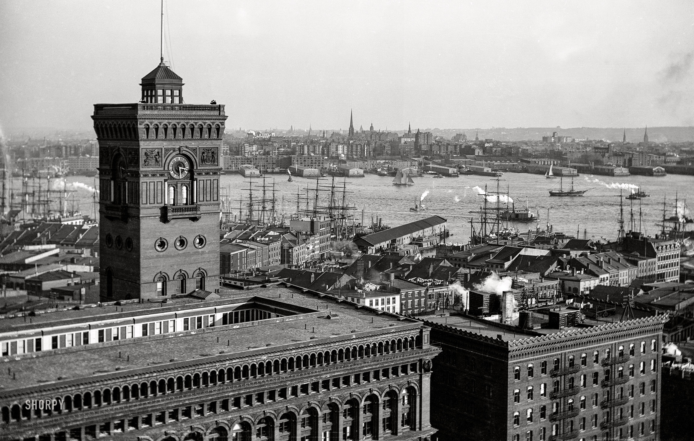 New York circa 1898. "Produce Exchange with tower, East River and Brooklyn from the Washington Building." 5x7 inch glass negative by William Henry Jackson. View full size.