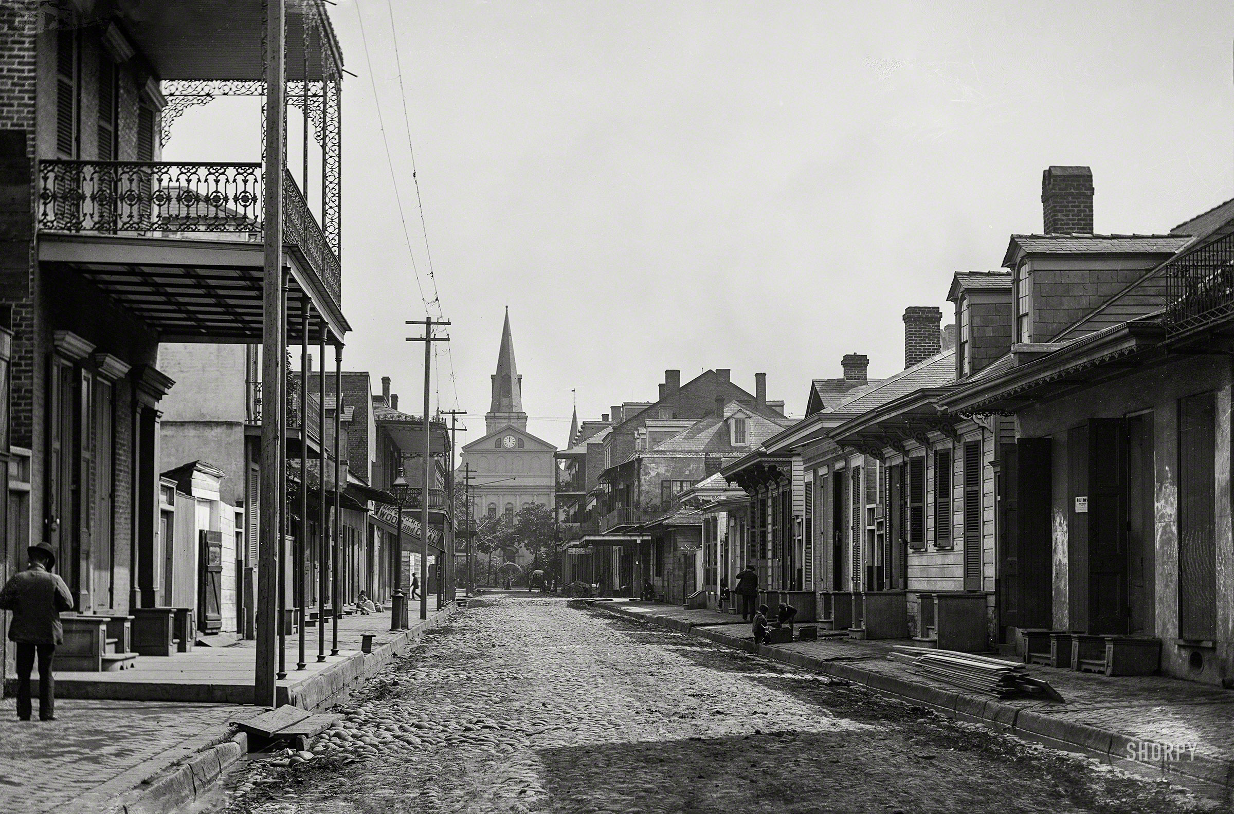 Circa 1890. "Street in New Orleans near Cathedral of St. Louis." 5x7 inch glass negative by William Henry Jackson. View full size.
