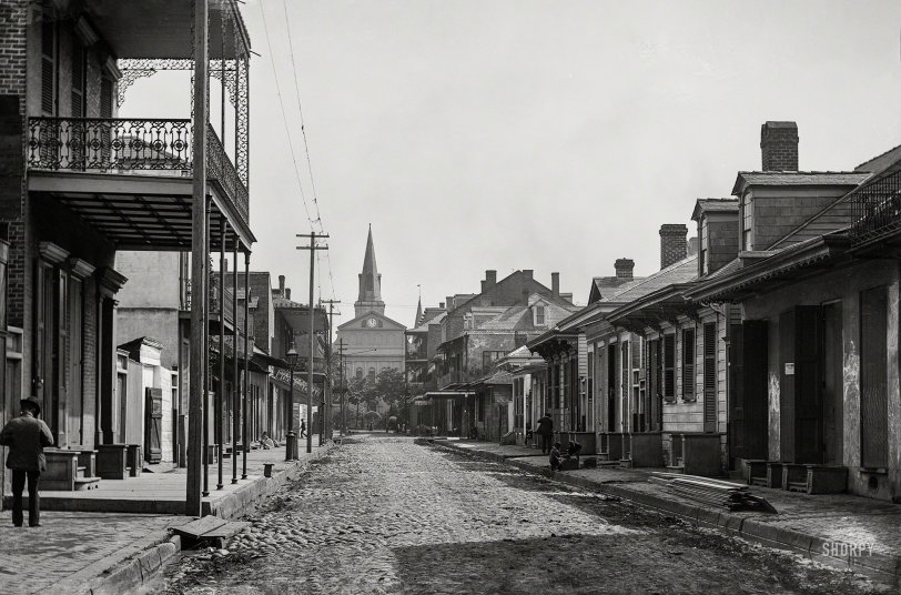 Circa 1890. "Street in New Orleans near Cathedral of St. Louis." 5x7 inch glass negative by William Henry Jackson. View full size.
