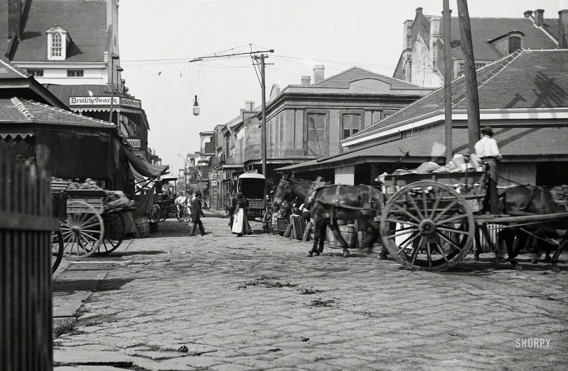 New Orleans circa 1890s. "The old French Market." Home to the German Grocery. 5x7 inch glass negative by William Henry Jackson. View full size.
