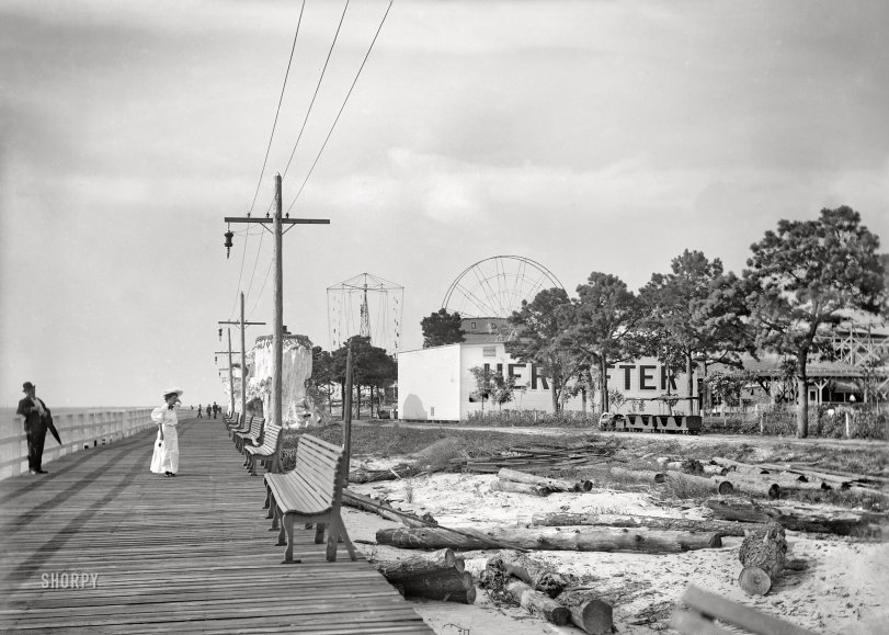 Norfolk, Virginia, circa 1906. "Pine Beach -- amusements and boardwalk." 5x7 inch dry plate glass negative, Detroit Publishing Company. View full size.