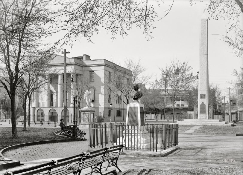 1906. "Washington Park -- Charleston, South Carolina." The bust is of Charleston native son Henry Timrod, "poet laureate of the Confederacy," backdropped by the Washington Light Infantry Obelisk, a Civil War monument. 5x7 inch glass negative. View full size.
