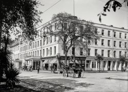Savannah, Georgia, circa 1906. "Pulaski House, Bull and St. Julian streets." The venerable hotel and its "Tonsorial Parlor." 5x7 inch dry plate glass negative. View full size.
