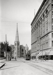 Denver, Colorado, circa 1900. "View from Tremont Place of Trinity Methodist Episcopal Church and Brown Palace Hotel." 5x8 inch glass negative, Detroit Photographic Co. View full size.