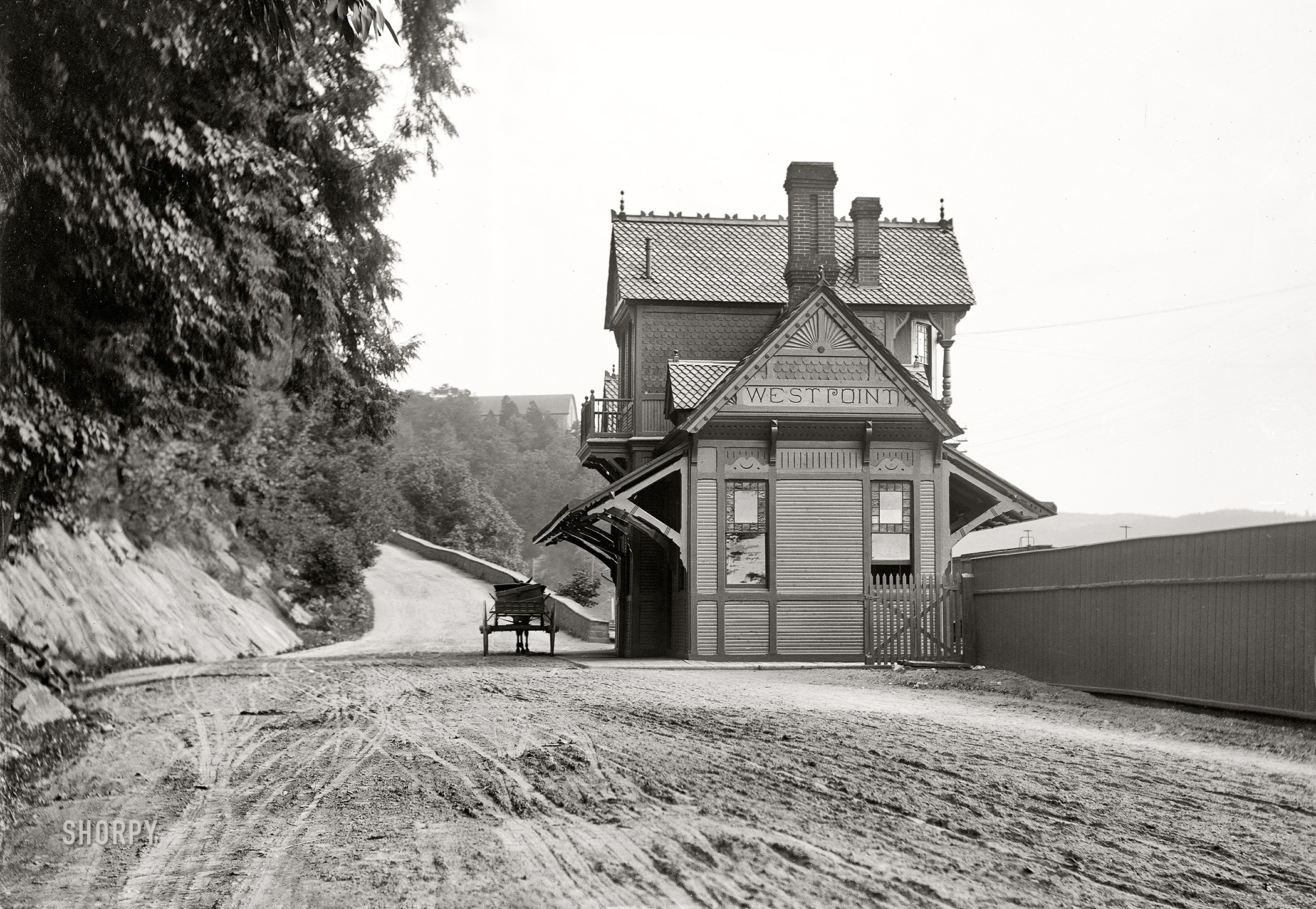 Circa 1895. "West Shore R.R. depot, West Point, N.Y." 8x5 inch dry plate glass negative, Detroit Photographic Company. View full size.