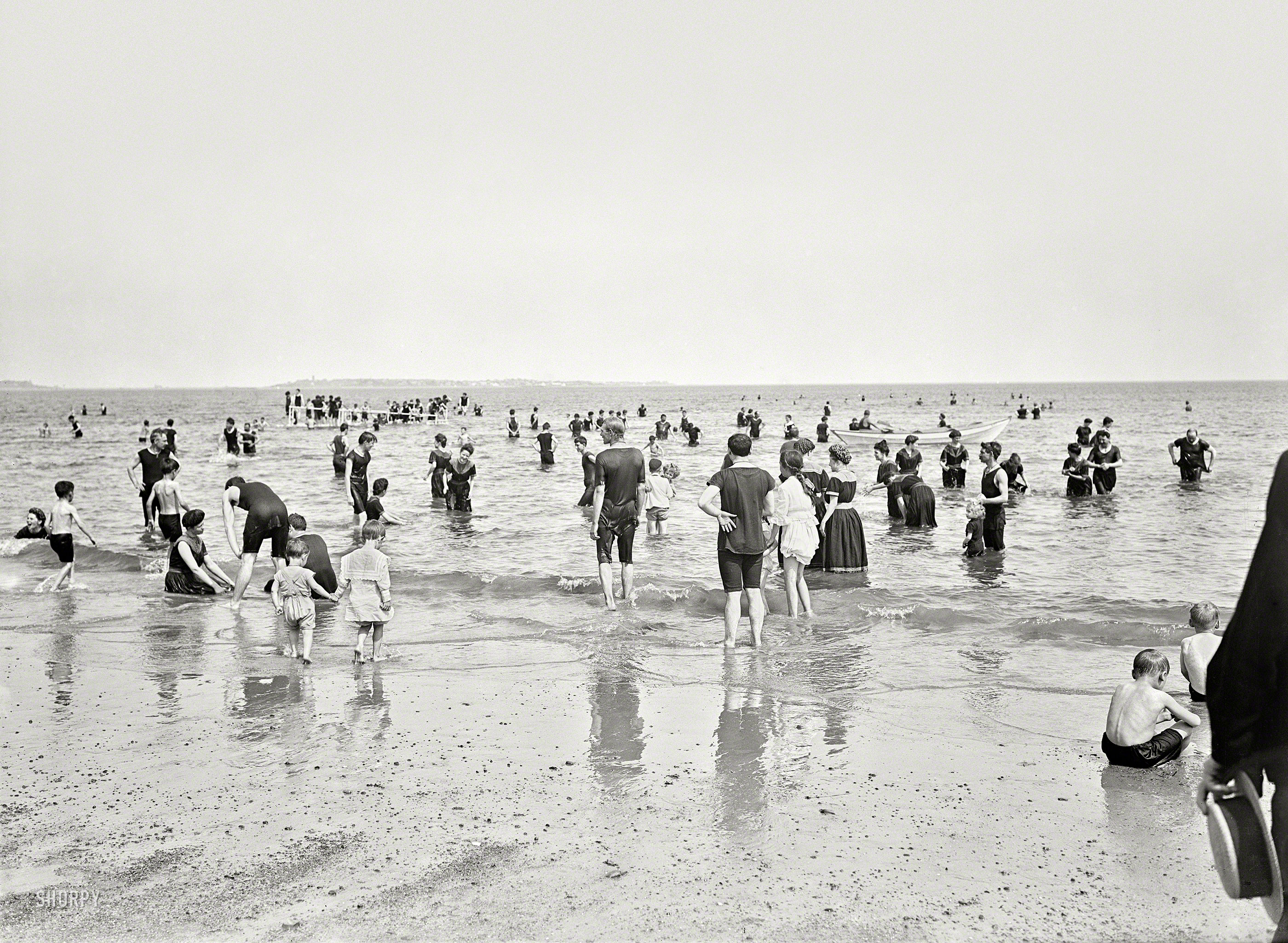 Circa 1910 surf bathers somewhere in New England. 5x7 inch dry plate glass negative, Detroit Publishing Company. View full size.