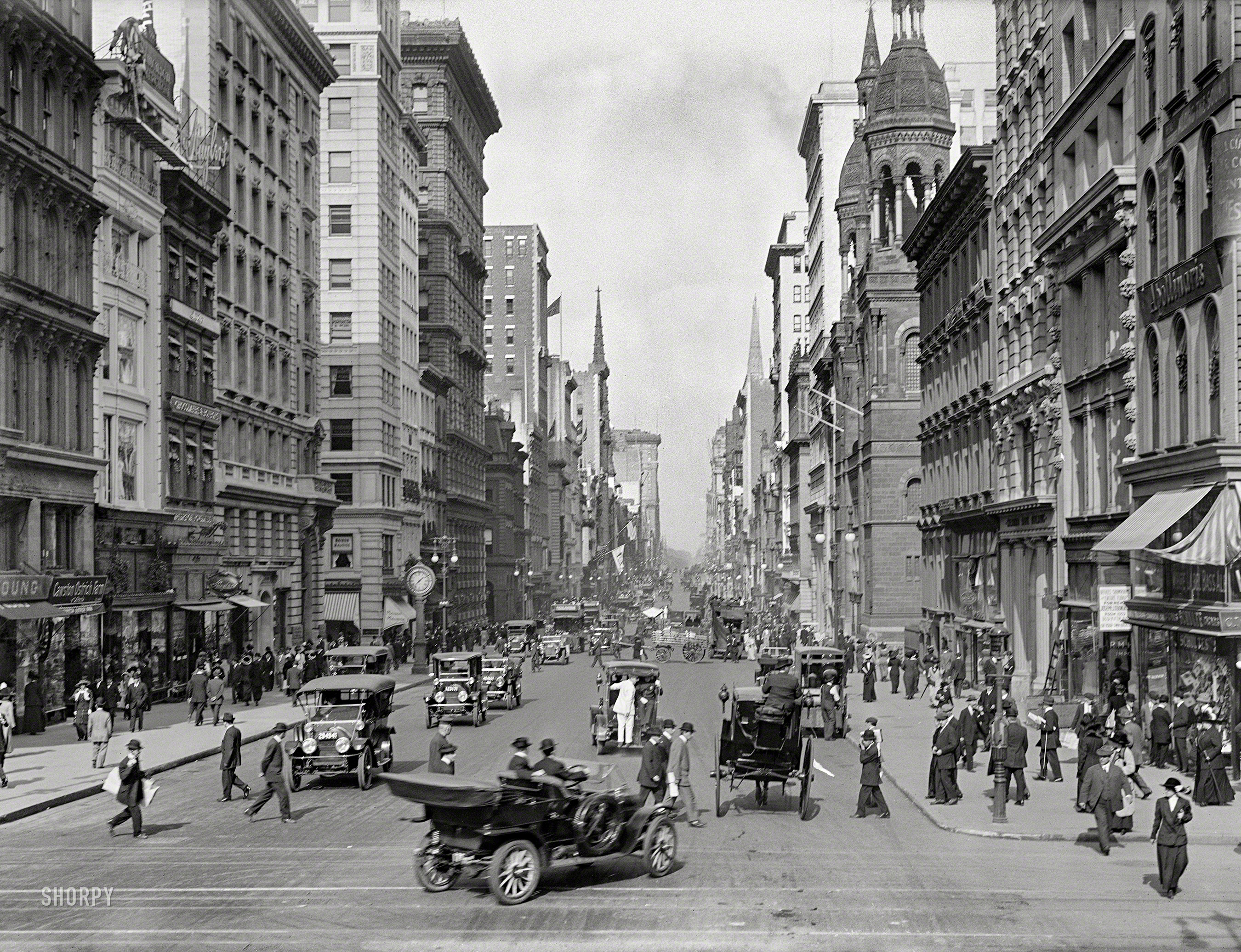 New York circa 1912. "Fifth Avenue at 42nd Street." At left, the East Coast outlet of California's Cawston Ostrich Farm. 5x7 inch glass negative. View full size.