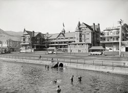Avalon, Calif., circa 1915. "Bathers at Hotel Metropole, Catalina Island." And yet another popcorn stand. 5x7 glass negative, Detroit Publishing Co. View full size.