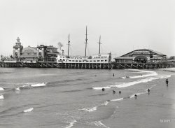Venice, California, circa 1907. "View of the Abbot Kinney Pier showing auditorium, Ship Cafe and dance hall." 5x7 inch dry plate glass negative. View full size.