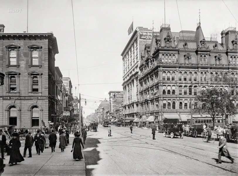 Circa 1908. "Main Street -- Buffalo, N.Y."  Landmarks on view include Hengerer's Department Store and the dome of the Buffalo Savings Bank. 5x7 inch glass negative. View full size.
