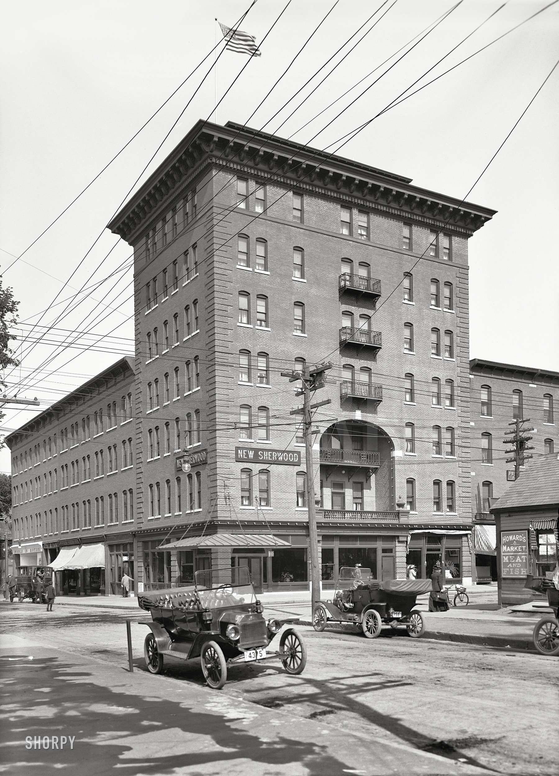 Burlington, Vermont, circa 1913. "New Sherwood Hotel, Church and Cherry Sts." Destroyed by fire in 1940. 7x5 inch dry plate glass negative. View full size.